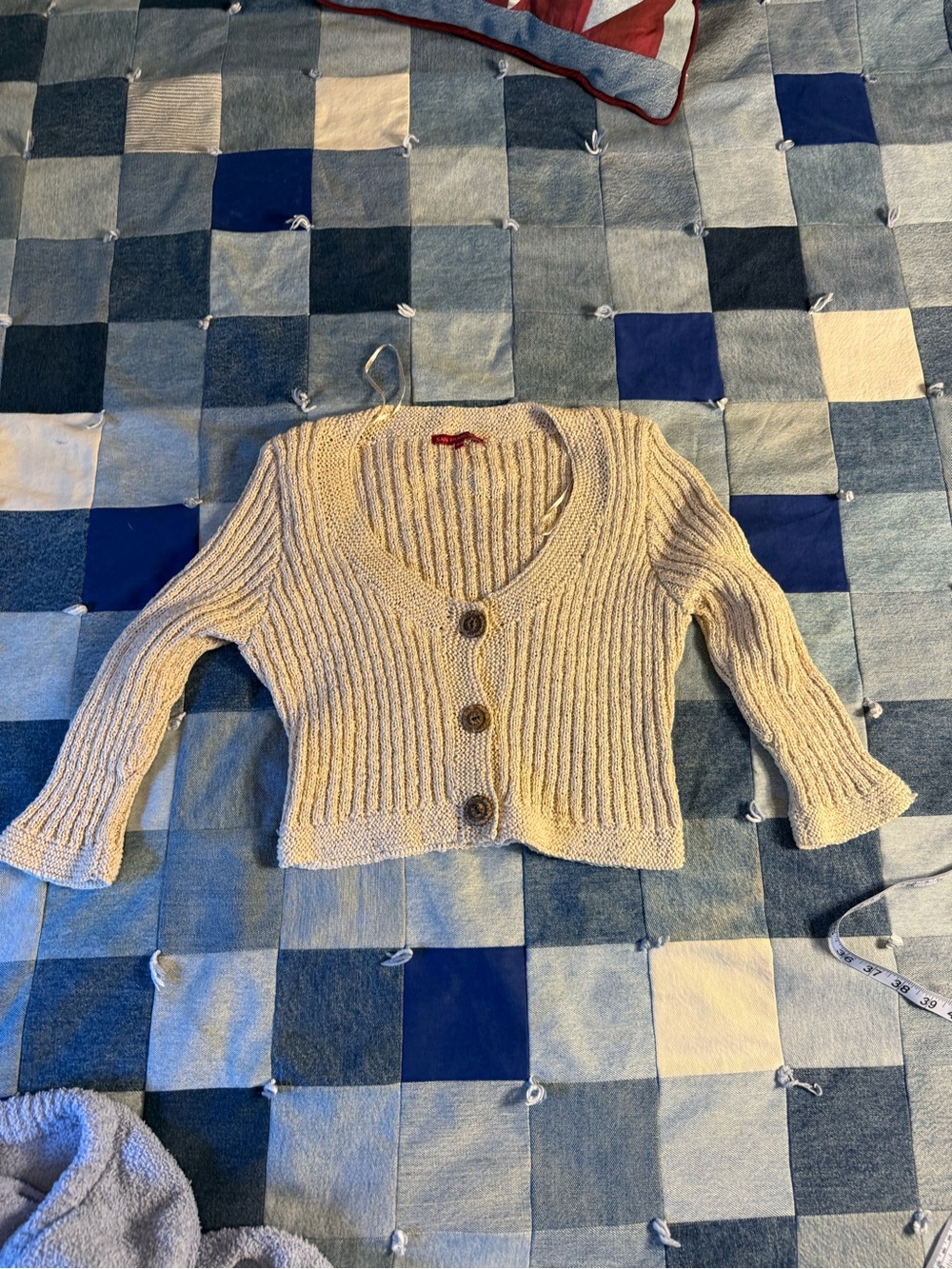 San Francisco Cropped Ribbed Cardigan XL Cream Button Front Flare Sleeve